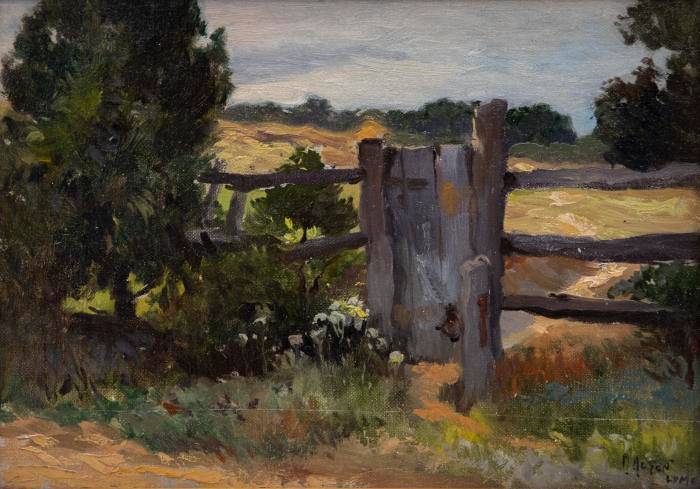 Landscape painting of a split-rail fence in Old Lyme, MI.